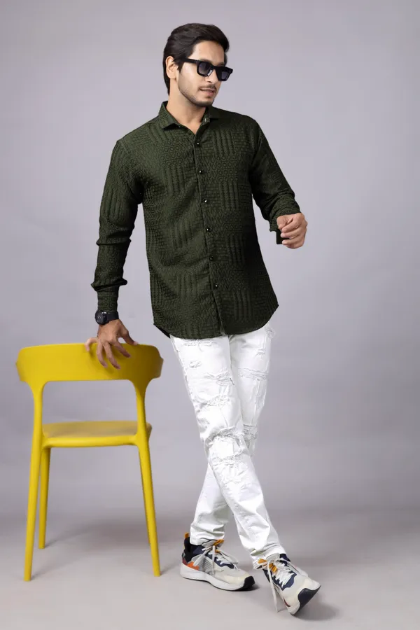 Green_Casual_Roll_Up_Sleeve_Solid_Printed_Men_Shirt