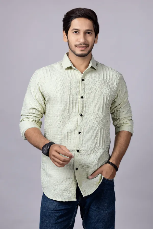 Light_Green_Casual_Roll_Up_Sleeve_Solid_Printed_Men_Shirt
