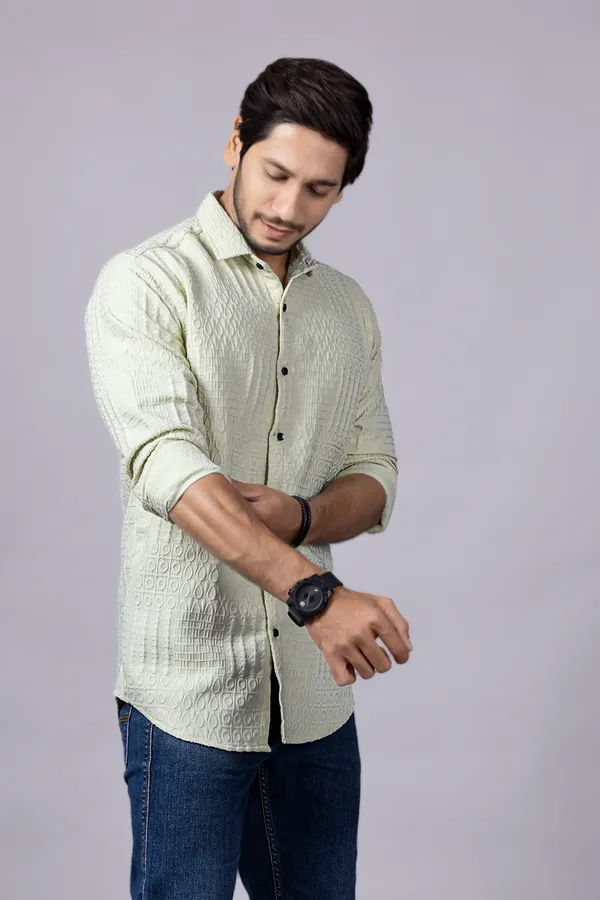 Light_Green_Casual_Roll_Up_Sleeve_Solid_Printed_Men_Shirt