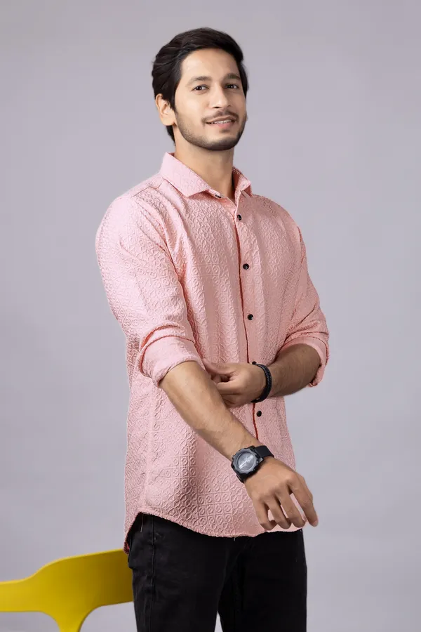 Peach_Casual_Roll_Up_Sleeve_Solid_Printed_Men_Shirt