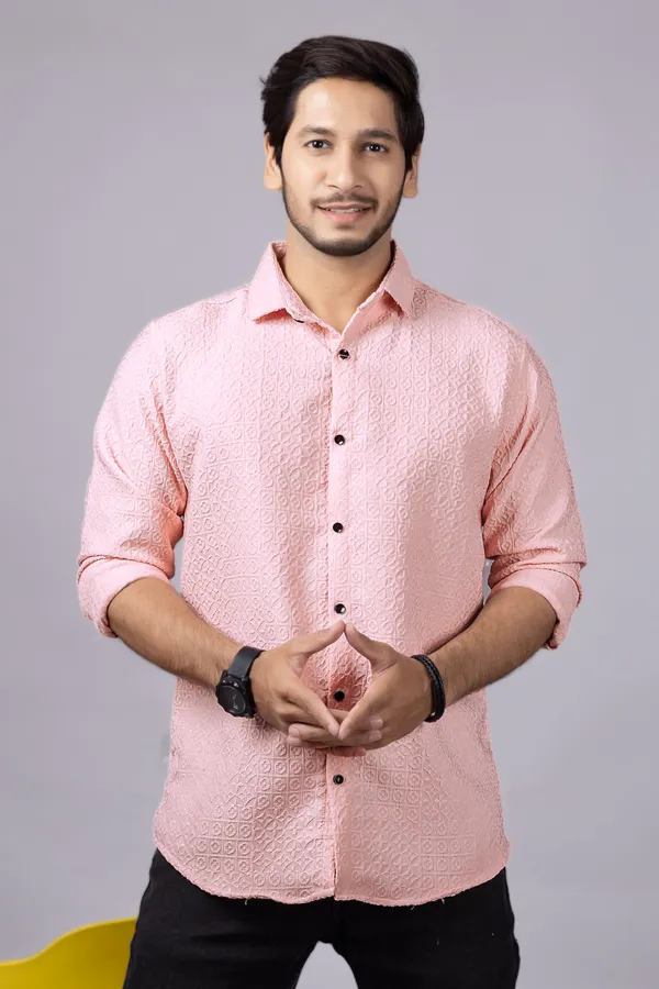 Peach_Casual_Roll_Up_Sleeve_Solid_Printed_Men_Shirt