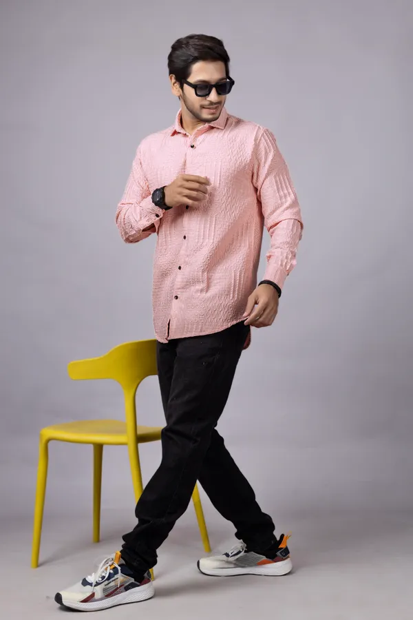 Peach_Casual_Roll_Up_Sleeve_Solid_Printed_Men_Shirt