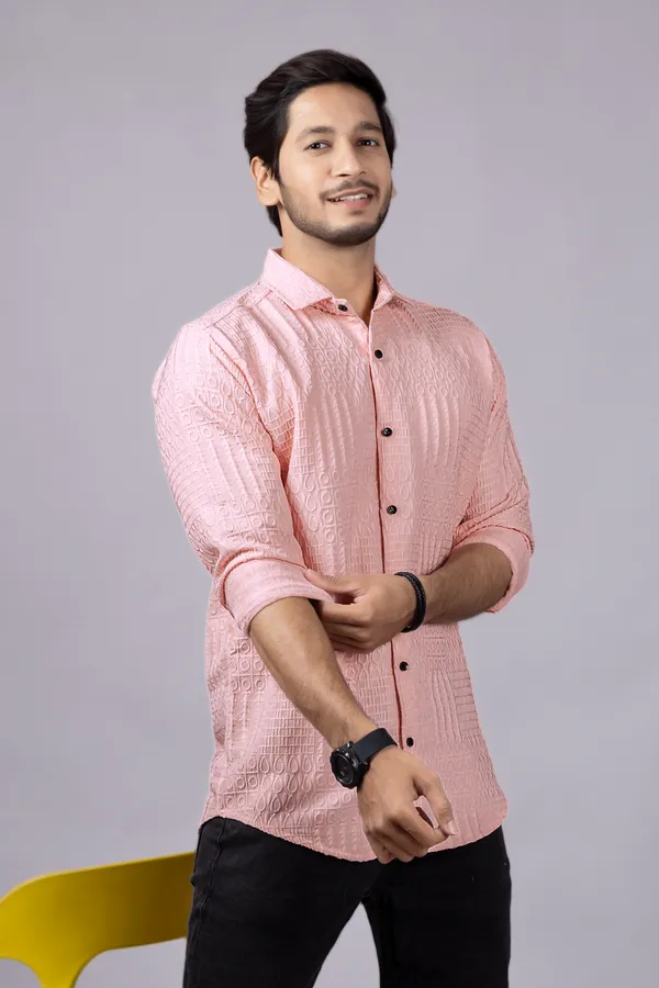 Peach_Casual_Roll_Up_Sleeve_Solid_Printed_Men_Shirt