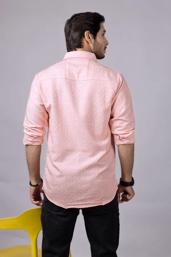 Peach_Casual_Roll_Up_Sleeve_Solid_Printed_Men_Shirt