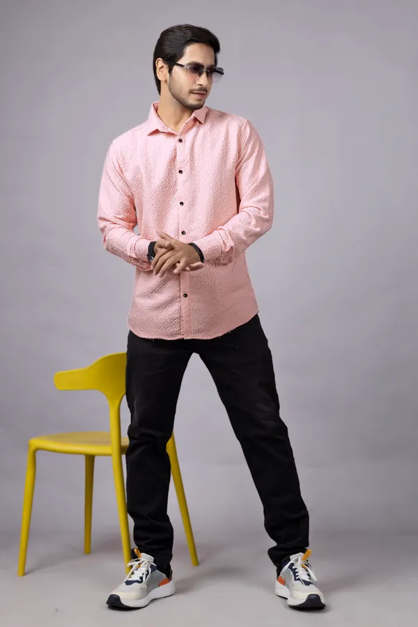 Peach_Casual_Roll_Up_Sleeve_Solid_Printed_Men_Shirt