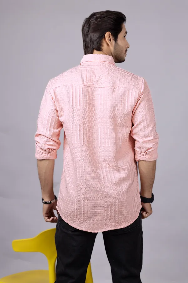 Peach_Casual_Roll_Up_Sleeve_Solid_Printed_Men_Shirt