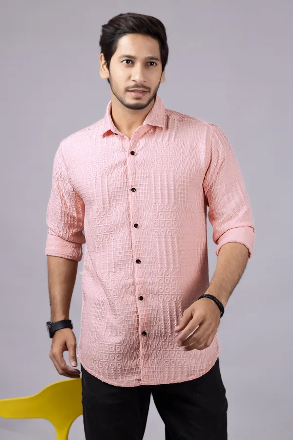 Peach_Casual_Roll_Up_Sleeve_Solid_Printed_Men_Shirt