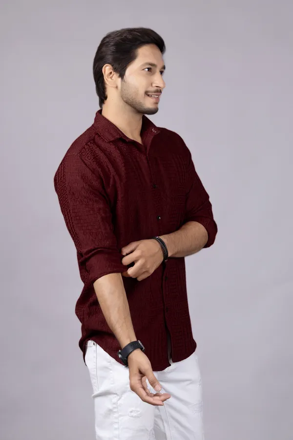 Red_Casual_Roll_Up_Sleeve_Solid_Printed_Men_Shirt