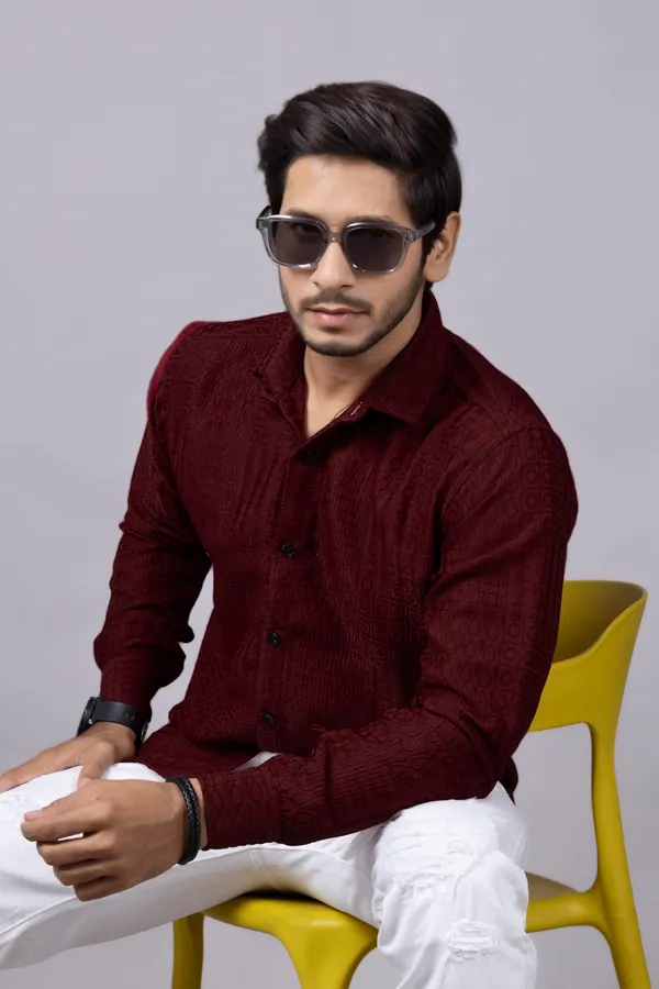Red_Casual_Roll_Up_Sleeve_Solid_Printed_Men_Shirt