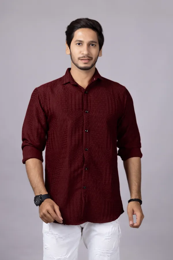 Red_Casual_Roll_Up_Sleeve_Solid_Printed_Men_Shirt