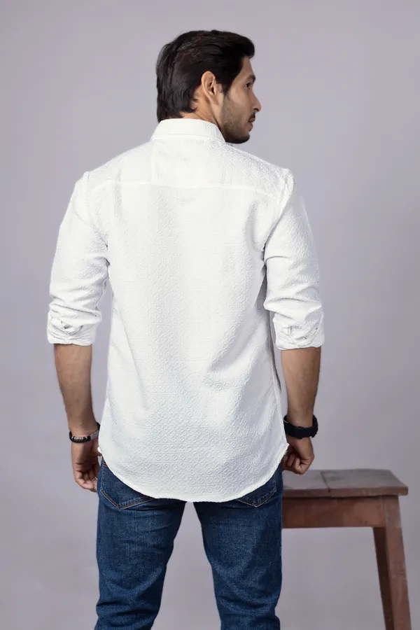 White_Casual_Roll_Up_Sleeve_Solid_Printed_Men_Shirt