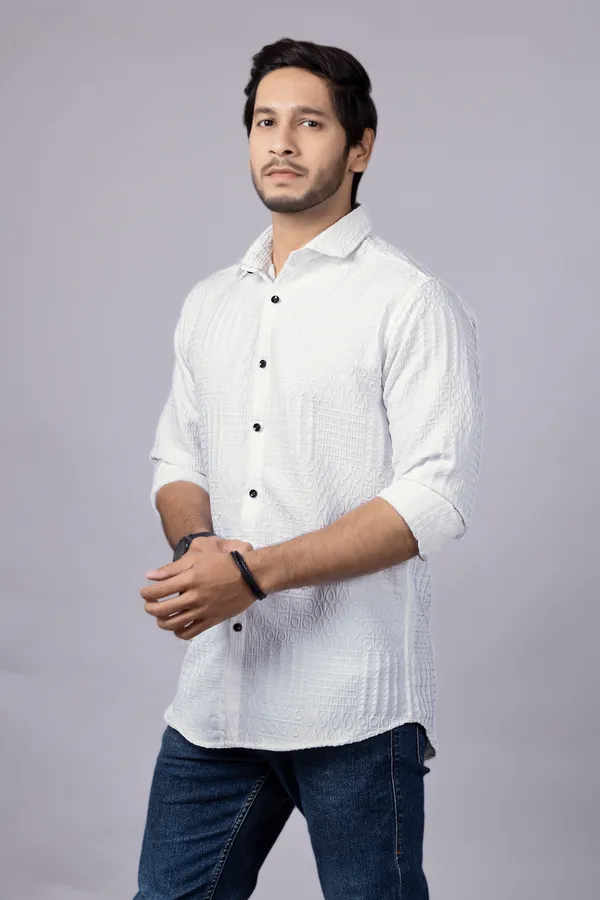 White_Casual_Roll_Up_Sleeve_Solid_Printed_Men_Shirt