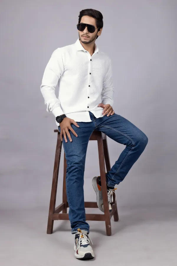 White_Casual_Roll_Up_Sleeve_Solid_Printed_Men_Shirt
