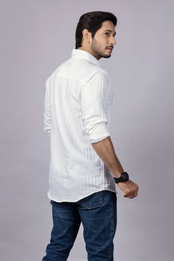 White_Casual_Roll_Up_Sleeve_Solid_Printed_Men_Shirt