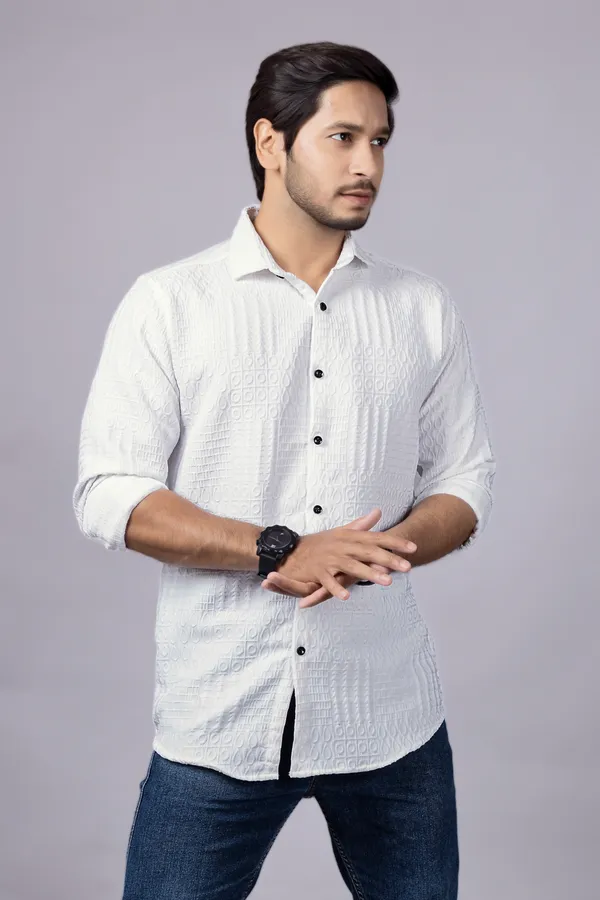 White_Casual_Roll_Up_Sleeve_Solid_Printed_Men_Shirt