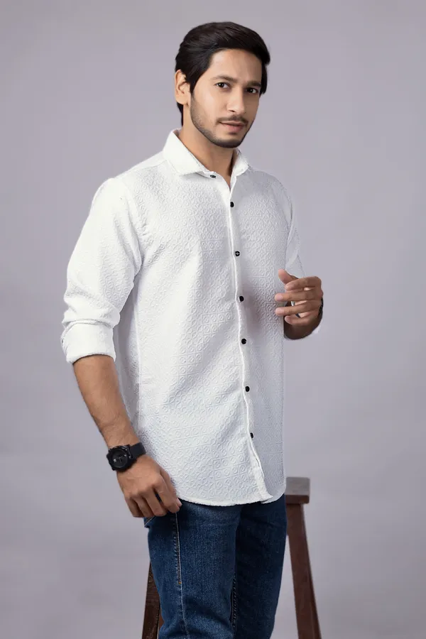 White_Casual_Roll_Up_Sleeve_Solid_Printed_Men_Shirt