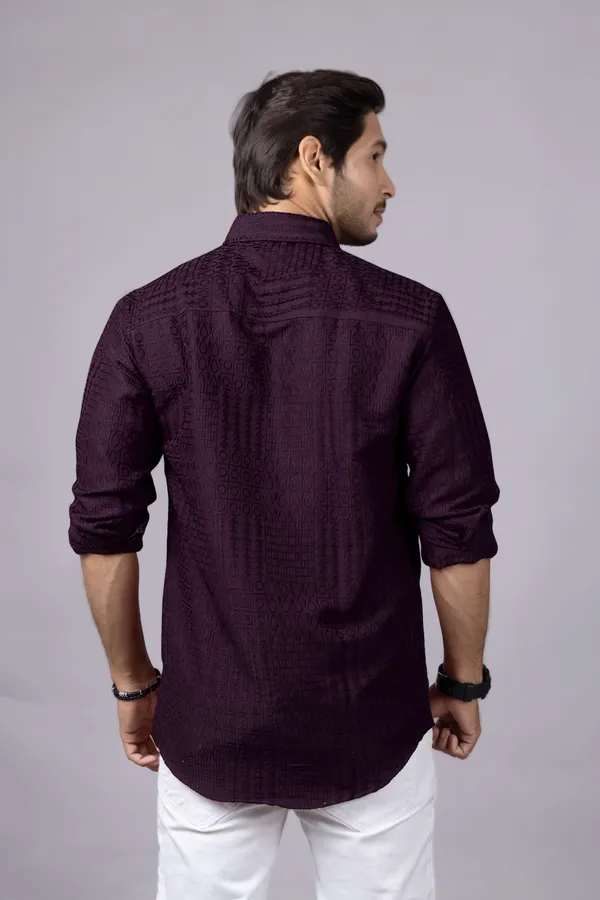 Wine_Casual_Roll_Up_Sleeve_Solid_Printed_Men_Shirt