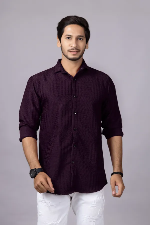 Wine_Casual_Roll_Up_Sleeve_Solid_Printed_Men_Shirt