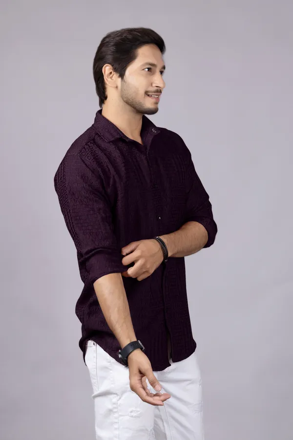 Wine_Casual_Roll_Up_Sleeve_Solid_Printed_Men_Shirt