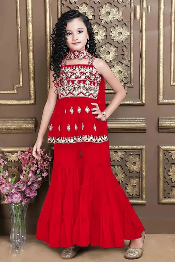 Red_Georgette_Square_Neck_Festive/Wedding_Two_Piece_For_Girls