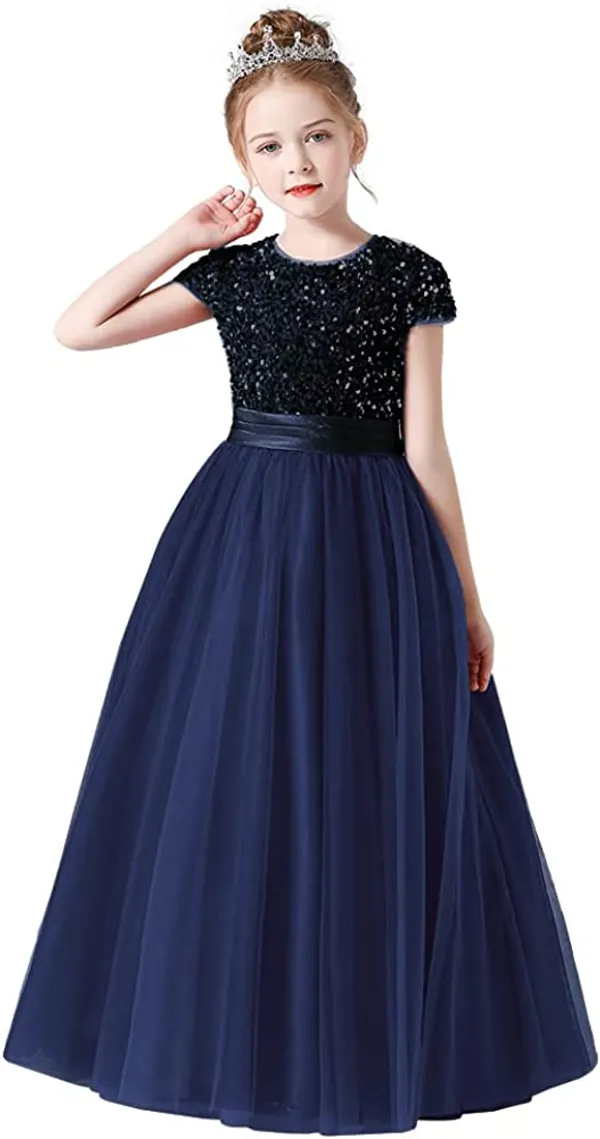 Blue_Fancy_Stylish_Party_Wear_Short_Sleeve_Embroidered_Work_Long_Gown_Dress_For_Girls
