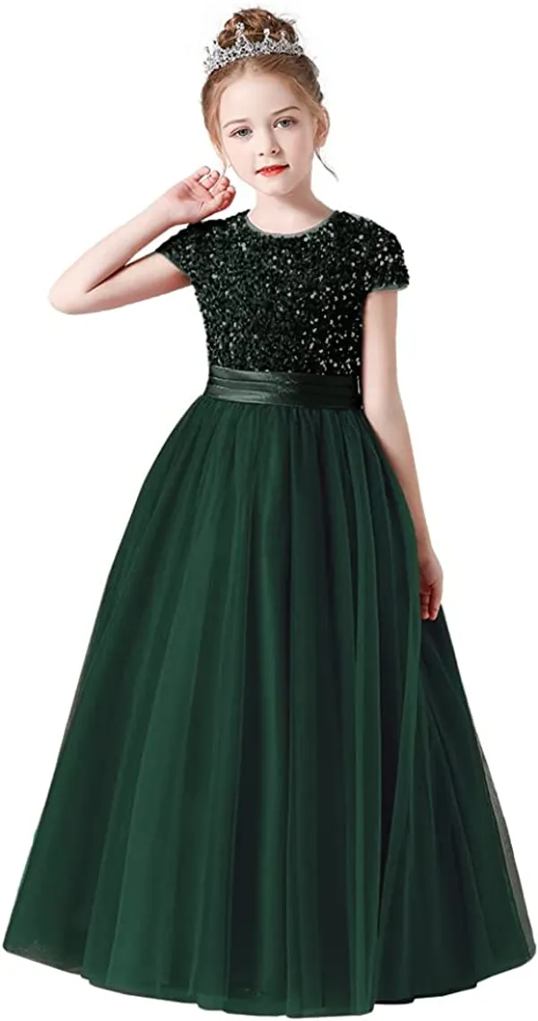 Green_Fancy_Stylish_Party_Wear_Short_Sleeve_Embroidered_Work_Long_Gown_Dress_For_Girls