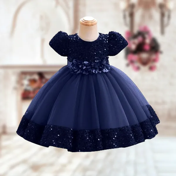 Blue_Fancy_Stylish_Party_Wear_Short_Sleeve_Embroidered_Sequin_Work_Frock_Dress_For_Girls