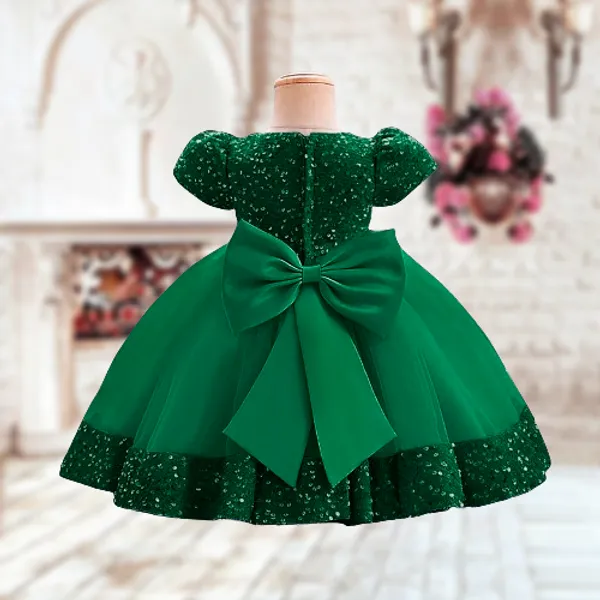 Green_Fancy_Stylish_Party_Wear_Short_Sleeve_Embroidered_Sequin_Work_Frock_Dress_For_Girls
