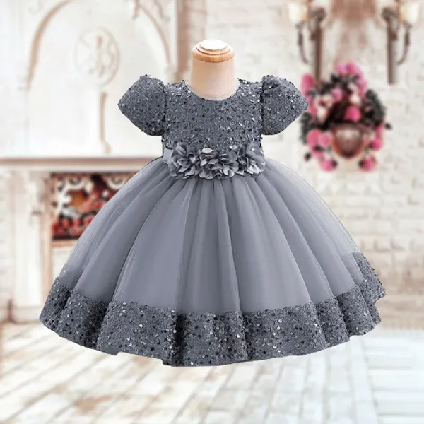 Grey_Fancy_Stylish_Party_Wear_Short_Sleeve_Embroidered_Sequin_Work_Frock_Dress_For_Girls