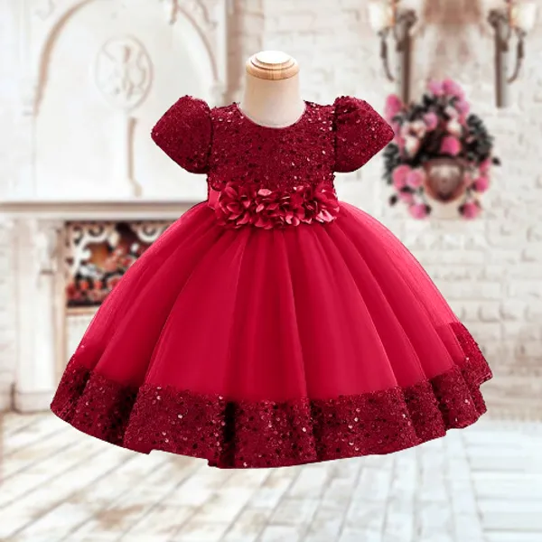 Maroon_Fancy_Stylish_Party_Wear_Short_Sleeve_Embroidered_Sequin_Work_Frock_Dress_For_Girls