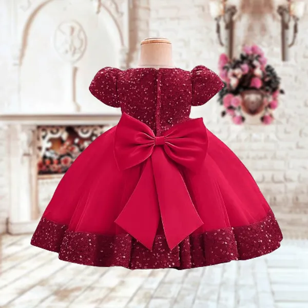 Maroon_Fancy_Stylish_Party_Wear_Short_Sleeve_Embroidered_Sequin_Work_Frock_Dress_For_Girls