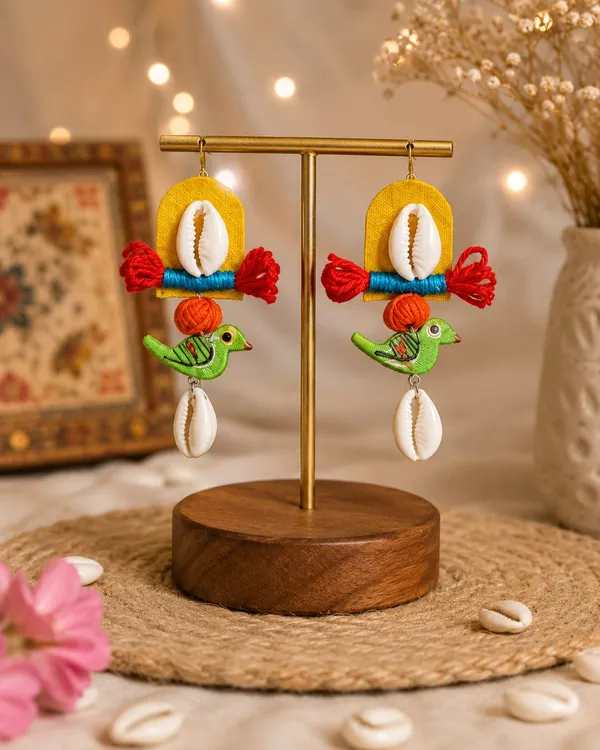 Handmade_Bird_Wooden_Earrings_for_Women_|_Cowrie_Shell_&_Thread_Work_Ethnic_Boho_Dangle_Earrings_|_Tribal_Statement_Handmade_Jewellery_|_Lightweight_Fashion_Earrings