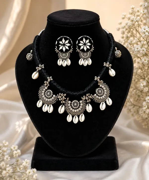Handmade_Black_Thread_Oxidized_Choker_Necklace_Set_with_Cowrie_Shells_&_Matching_Earrings_for_Women_|_Boho_Tribal_Ethnic_Jewellery_|_Navratri,_Party_&_Festive_Wear