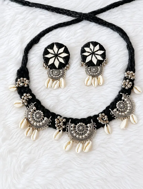 Handmade_Black_Thread_Oxidized_Choker_Necklace_Set_with_Cowrie_Shells_&_Matching_Earrings_for_Women_|_Boho_Tribal_Ethnic_Jewellery_|_Navratri,_Party_&_Festive_Wear