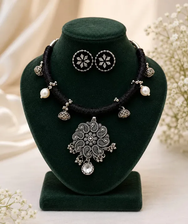 Handmade_Black_Thread_Oxidized_Pendant_Choker_Necklace_Set_with_Matching_Stud_Earrings_for_Women_|_Traditional_Tribal_Ethnic_Jewellery_|_Party,_Navratri_&_Festive_Wear