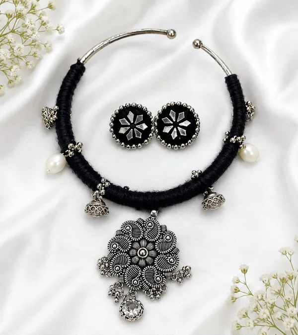 Handmade_Black_Thread_Oxidized_Pendant_Choker_Necklace_Set_with_Matching_Stud_Earrings_for_Women_|_Traditional_Tribal_Ethnic_Jewellery_|_Party,_Navratri_&_Festive_Wear