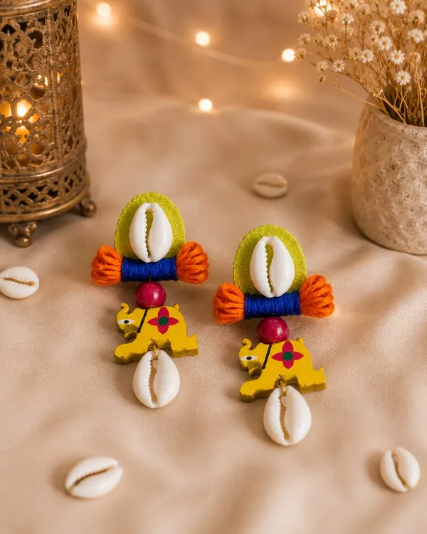 Handmade_Elephant_Wooden_Earrings_for_Women_|_Cowrie_Shell_&_Thread_Work_Ethnic_Boho_Dangle_Earrings_|_Tribal_Statement_Earrings_|_Lightweight_Fashion_Jewellery