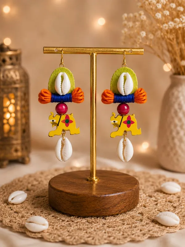 Handmade_Elephant_Wooden_Earrings_for_Women_|_Cowrie_Shell_&_Thread_Work_Ethnic_Boho_Dangle_Earrings_|_Tribal_Statement_Earrings_|_Lightweight_Fashion_Jewellery
