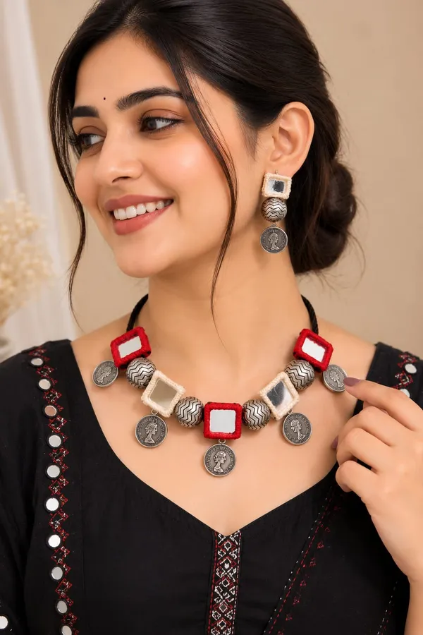 Handmade_Mirror_Coin_Necklace_Set_for_Women_|_Boho_Tribal_Statement_Jewelry_|_Thread_Mirror_Choker_with_Matching_Earrings_|_Ethnic_Fashion_Necklace_|_Festival_&_Casual_Wear_Gift