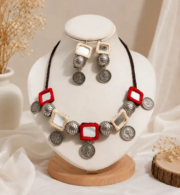 Handmade_Mirror_Coin_Necklace_Set_for_Women_|_Boho_Tribal_Statement_Jewelry_|_Thread_Mirror_Choker_with_Matching_Earrings_|_Ethnic_Fashion_Necklace_|_Festival_&_Casual_Wear_Gift