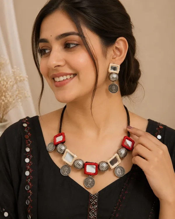 Handmade_Mirror_Coin_Necklace_Set_for_Women_|_Boho_Tribal_Statement_Jewelry_|_Thread_Mirror_Choker_with_Matching_Earrings_|_Ethnic_Fashion_Necklace_|_Festival_&_Casual_Wear_Gift
