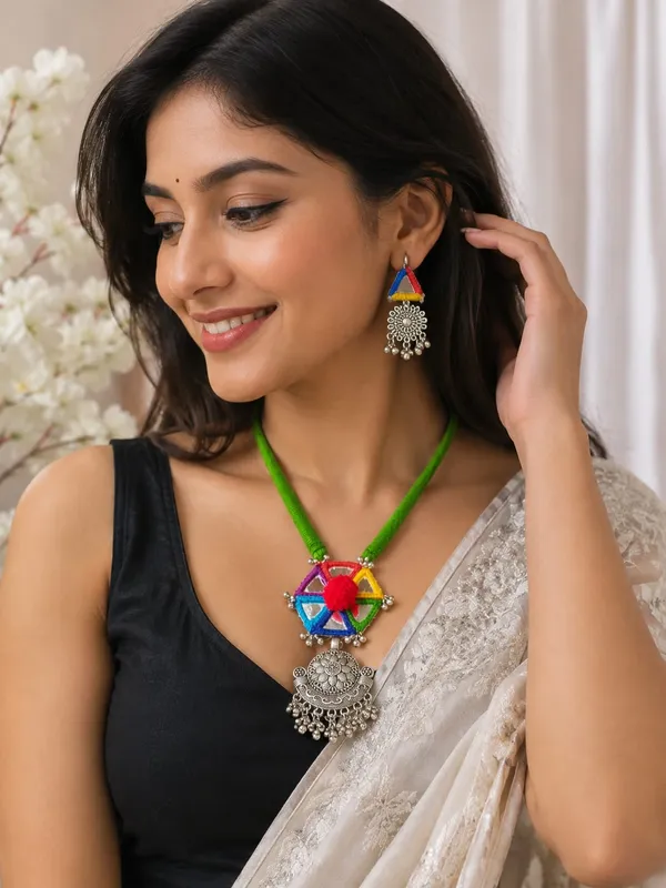 Handmade_Multicolor_Thread_Oxidized_Pendant_Necklace_Set_with_Matching_Earrings_for_Women_|_Boho_Tribal_Ethnic_Jewellery_|_Navratri,_Garba_&_Festive_Wear