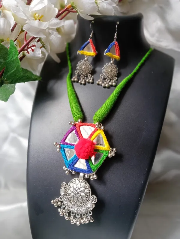 Handmade_Multicolor_Thread_Oxidized_Pendant_Necklace_Set_with_Matching_Earrings_for_Women_|_Boho_Tribal_Ethnic_Jewellery_|_Navratri,_Garba_&_Festive_Wear