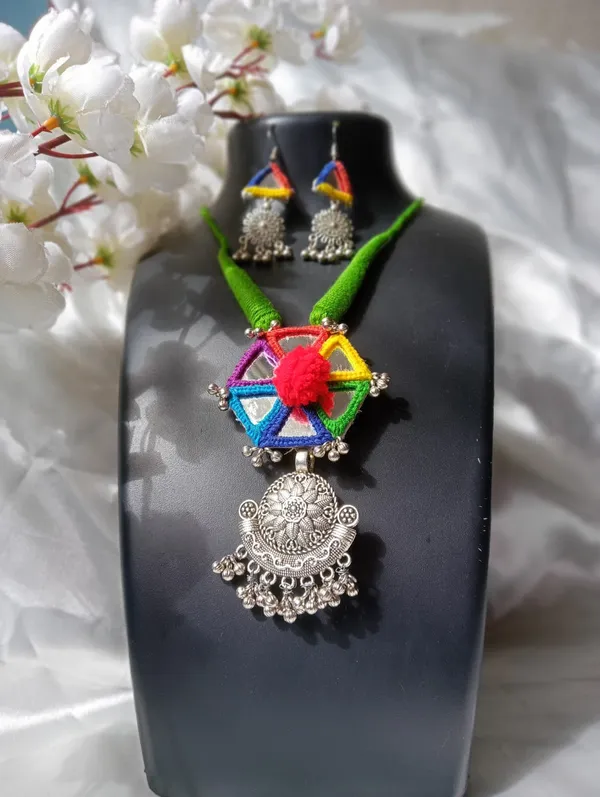 Handmade_Multicolor_Thread_Oxidized_Pendant_Necklace_Set_with_Matching_Earrings_for_Women_|_Boho_Tribal_Ethnic_Jewellery_|_Navratri,_Garba_&_Festive_Wear