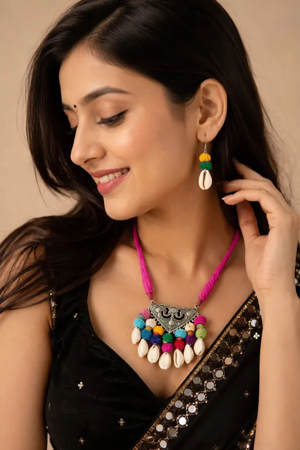 Handmade_Oxidised_Tribal_Necklace_Set_for_Women_|_Pink_Thread_Pom_Pom_&_Cowrie_Shell_Pendant_|_Boho_Statement_Jewellery_Set_with_Earrings_|_Ethnic_Fashion_Necklace_for_Saree,_Kurti_&_Indo-Western