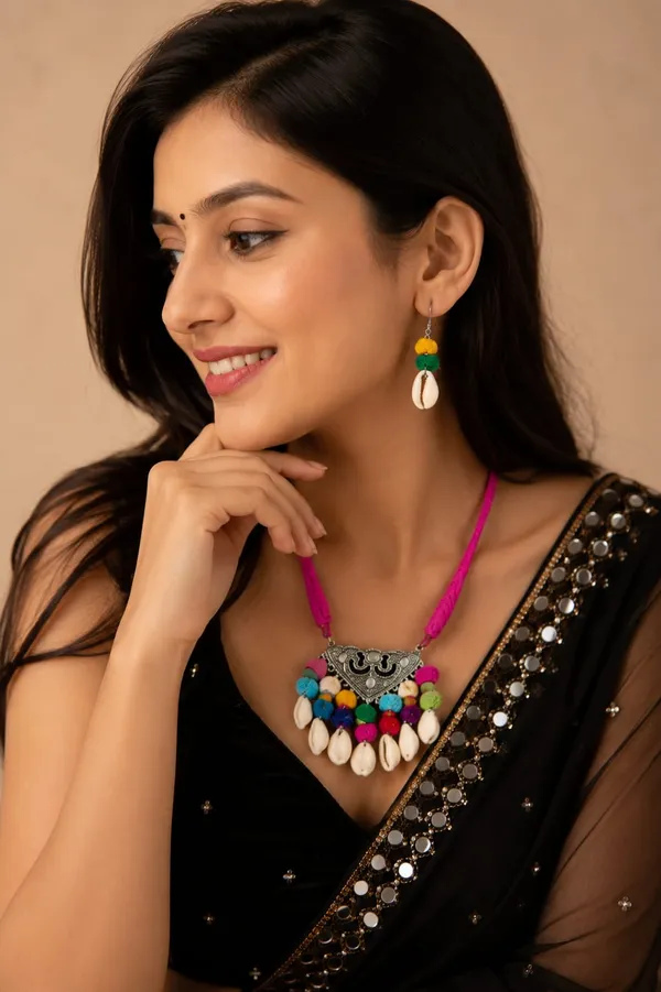 Handmade_Oxidised_Tribal_Necklace_Set_for_Women_|_Pink_Thread_Pom_Pom_&_Cowrie_Shell_Pendant_|_Boho_Statement_Jewellery_Set_with_Earrings_|_Ethnic_Fashion_Necklace_for_Saree,_Kurti_&_Indo-Western