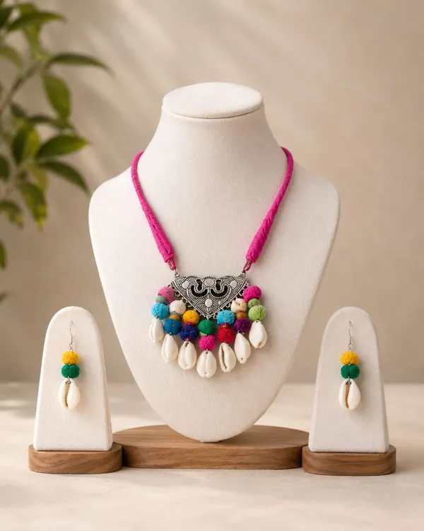 Handmade_Oxidised_Tribal_Necklace_Set_for_Women_|_Pink_Thread_Pom_Pom_&_Cowrie_Shell_Pendant_|_Boho_Statement_Jewellery_Set_with_Earrings_|_Ethnic_Fashion_Necklace_for_Saree,_Kurti_&_Indo-Western