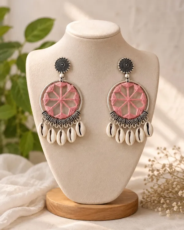 Handmade_Pink_Dreamcatcher_Hoop_Earrings_with_Cowrie_Shells_for_Women_|_Boho_Oxidized_Thread_Earrings_|_Ethnic_Tribal_Party_&_Navratri_Jewellery