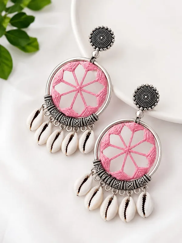 Handmade_Pink_Dreamcatcher_Hoop_Earrings_with_Cowrie_Shells_for_Women_|_Boho_Oxidized_Thread_Earrings_|_Ethnic_Tribal_Party_&_Navratri_Jewellery