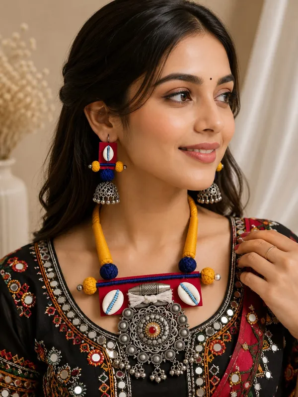 Handmade_Thread_Work_Statement_Necklace_Set_for_Women_|_Oxidised_Pendant_with_Cowrie_Shell_&_Matching_Jhumka_Earrings_|_Boho_Ethnic_Tribal_Jewellery_|_Lightweight_Fashion_Necklace